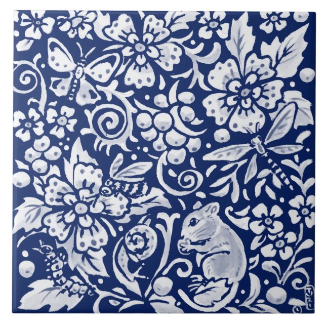 Cobalt Navy Blue Woodland Animal Mouse Bee Insect Ceramic Tile (Front)