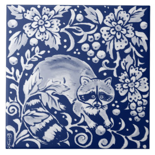 Cobalt Navy Blue Woodland Animal Racoon Fruit Ceramic Tile