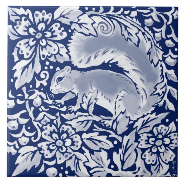 Cobalt Navy Blue Woodland Animal Squirrel in Tree Ceramic Tile (Front)