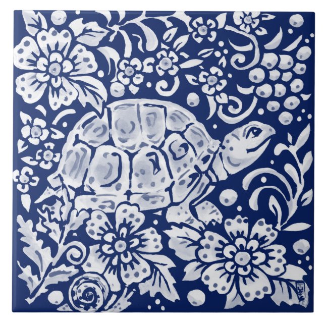 Cobalt Navy Blue Woodland Turtle Snail Floral  Ceramic Tile (Front)