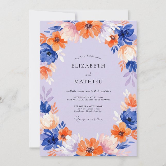 Cobalt Orange Wildflower Wedding Invitation (Front)