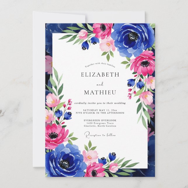 Cobalt Pink Botanical Romance Wedding Invitation (Front)