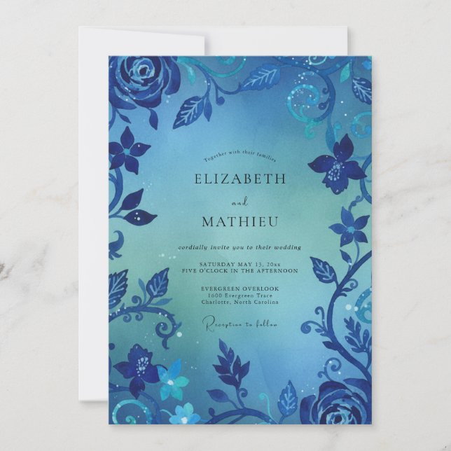 Cobalt Rose Vine Wedding Invitation (Front)