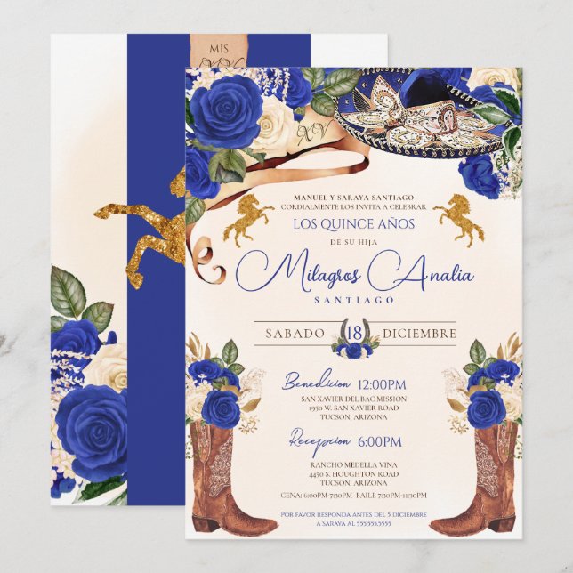 Cobalt Royal Blue Roses Western Charro Quinceañera Invitation (Front/Back)