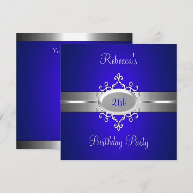 Cobalt Silver Jewel 21st Elegant Birthday Party Invitation (Front/Back)