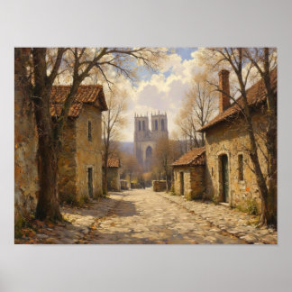 Cobbled Village Street Impressionist Oil Painting Poster