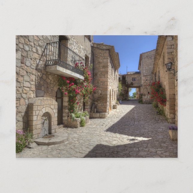 Cobblestone street, stone buildings, historic postcard (Front)