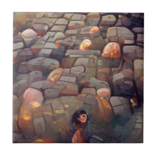Cobblestones dark fantasy ground lava graphic art ceramic tile
