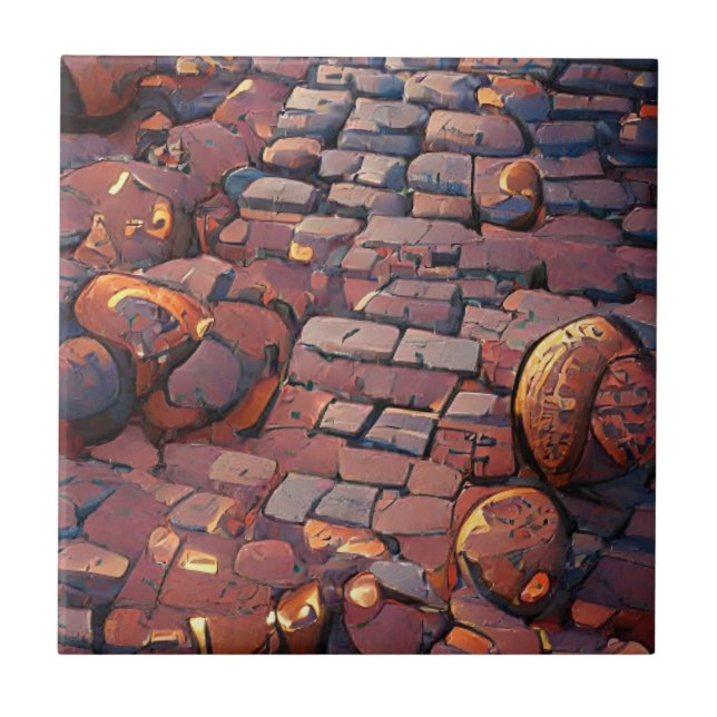 Cobblestones golden brown bricks graphic art  ceramic tile (Front)