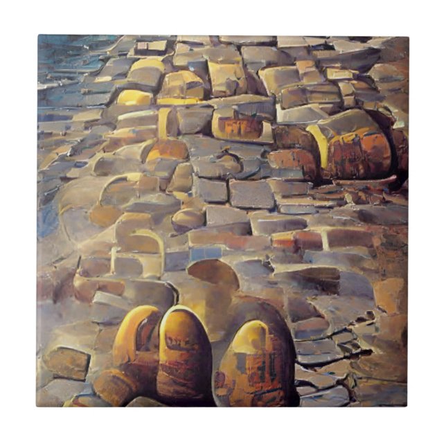 Cobblestones golden light on stones graphic art  ceramic tile (Front)