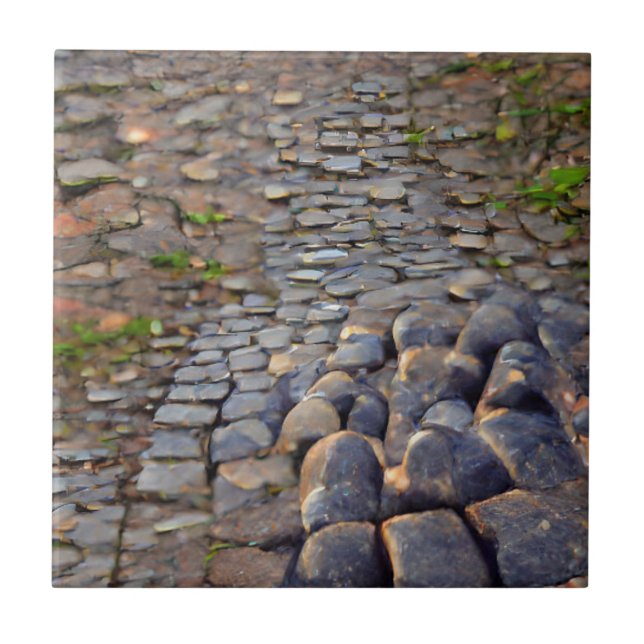 Cobblestones grey grass in cracks graphic art  ceramic tile (Front)