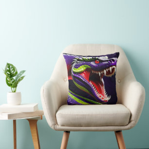 Cobra snake with vibrant green and purple scales cushion