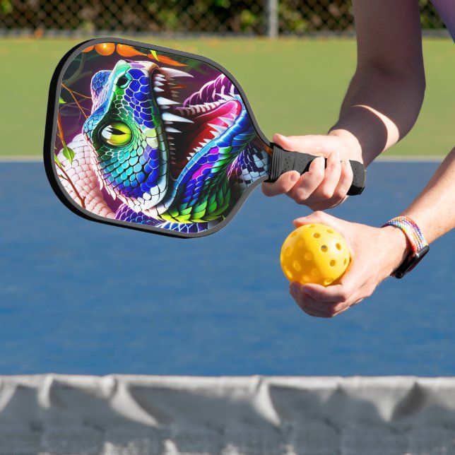 Cobra snake with vibrant turquoise and blue scales pickleball paddle (Insitu)