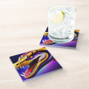Cobra vibrant red purple white and yellow scales glass coaster