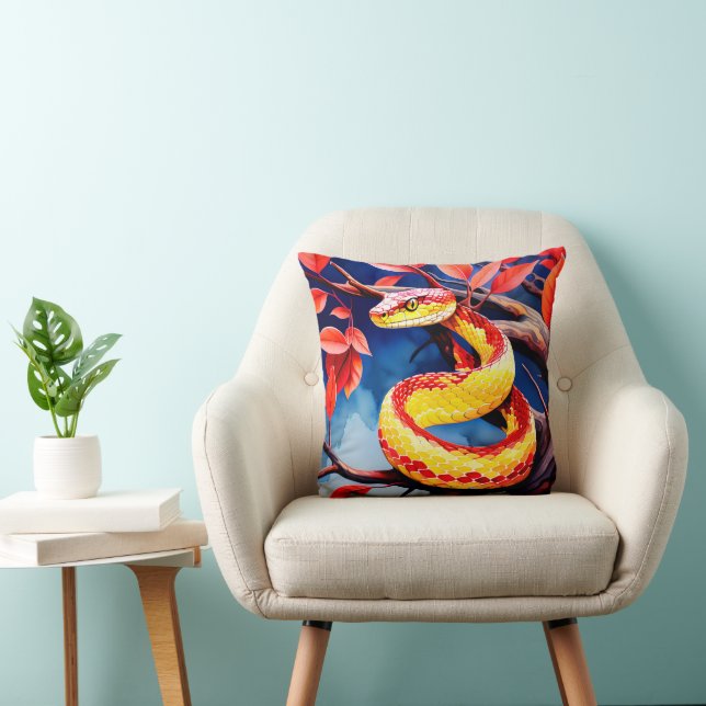 Cobra with vibrant red and yellow scales in tree cushion (Chair)