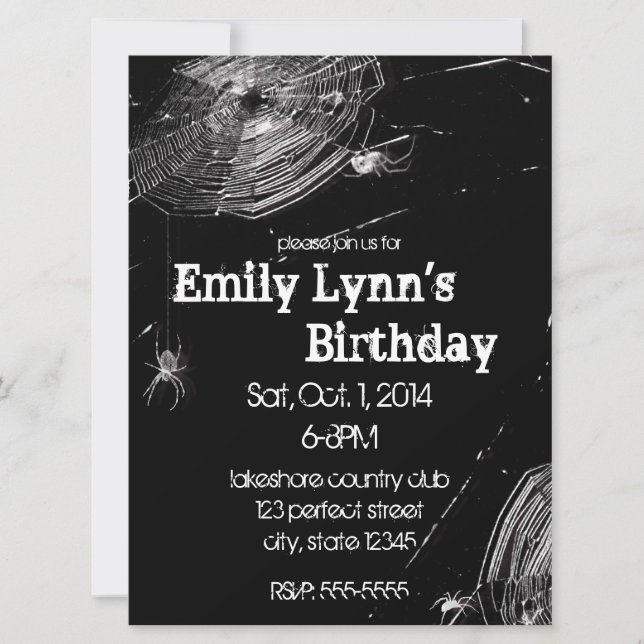 Cobwebs and White Spiders Birthday Invitation (Front)