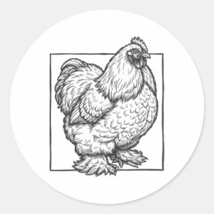 Cochin Chicken Portrait - Vintage Fluffy Farm Bird Classic Round Sticker