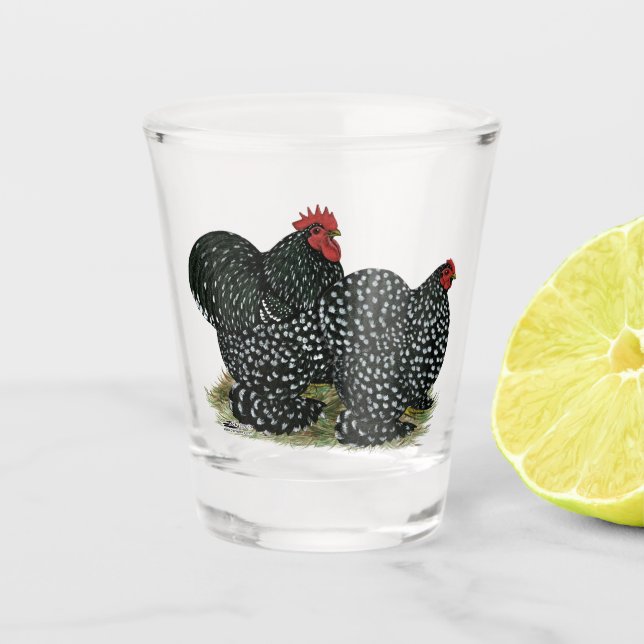 Cochin Mottled Chickens Shot Glass (Front)