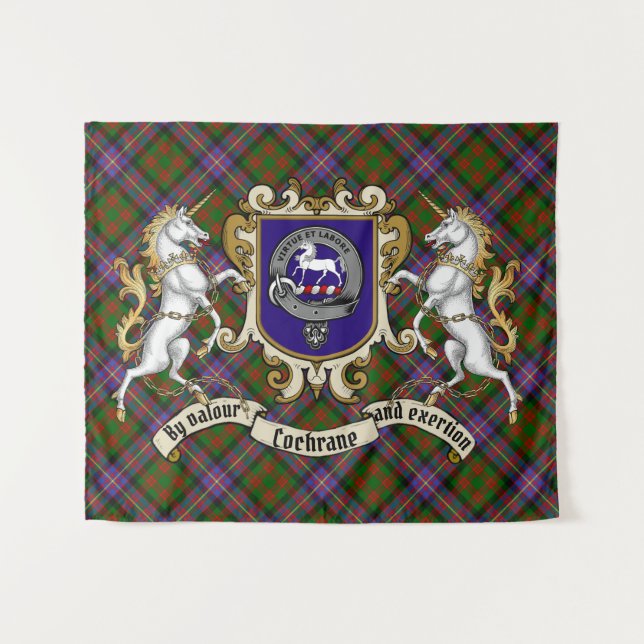 Cochrane Clan Badge & Unicorns w/Tartan Tapestry (Front (Horizontal))