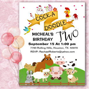  Cock-A-Doodle Two Animals Birthday  Invitation