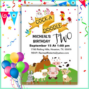 Cock-A-Doodle Two Animals Birthday  Invitation