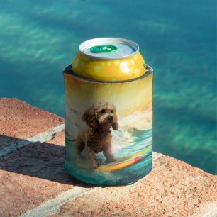Cockapoo Beach Surfing Painting Can Cooler