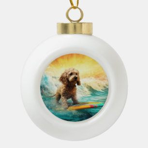 Cockapoo Beach Surfing Painting  Ceramic Ball Christmas Ornament