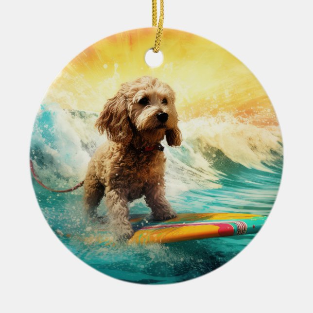 Cockapoo Beach Surfing Painting  Ceramic Ornament (Front)
