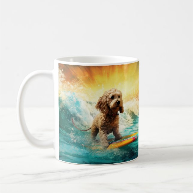 Cockapoo Beach Surfing Painting  Coffee Mug (Left)