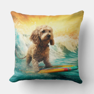 Cockapoo Beach Surfing Painting Cushion