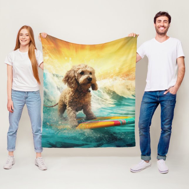 Cockapoo Beach Surfing Painting  Fleece Blanket (In Situ)