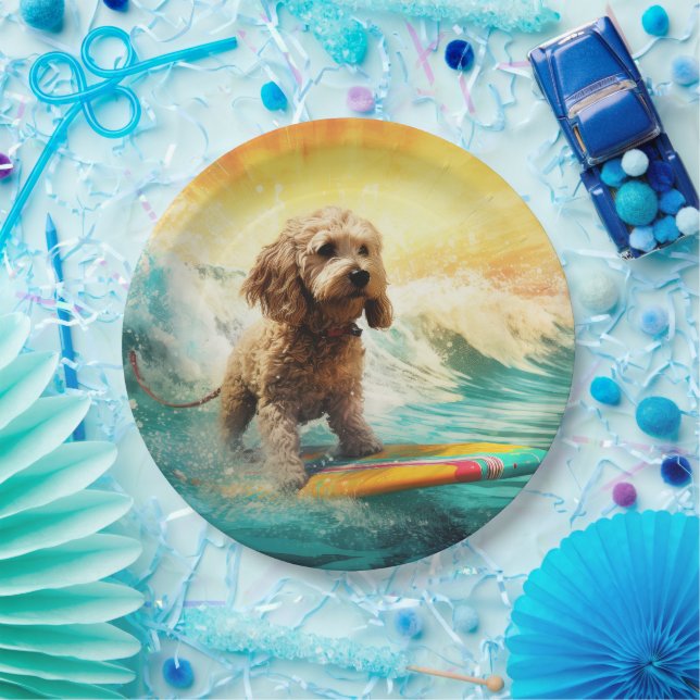 Cockapoo Beach Surfing Painting  Paper Plate (Party)