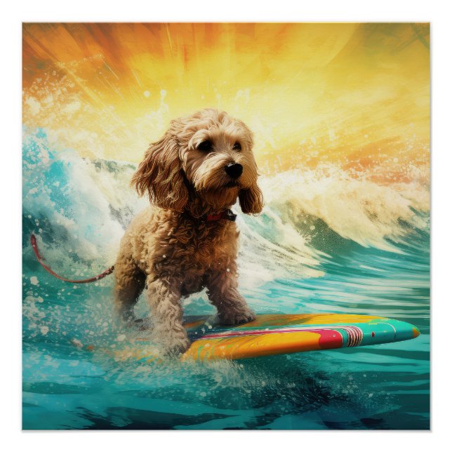 Cockapoo Beach Surfing Painting  Poster (Front)