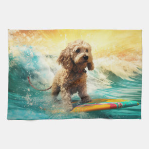 Cockapoo Beach Surfing Painting  Tea Towel