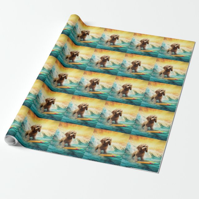 Cockapoo Beach Surfing Painting  Wrapping Paper (Unrolled)