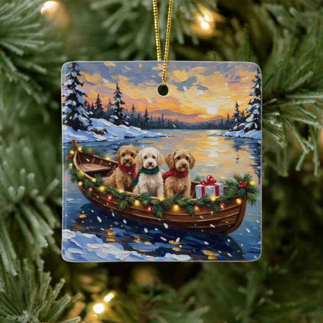Cockapoo Christmas Boat Holiday Ceramic Ornament (Tree)
