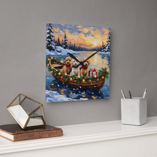Cockapoo Christmas Boat Holiday Square Wall Clock (Office)