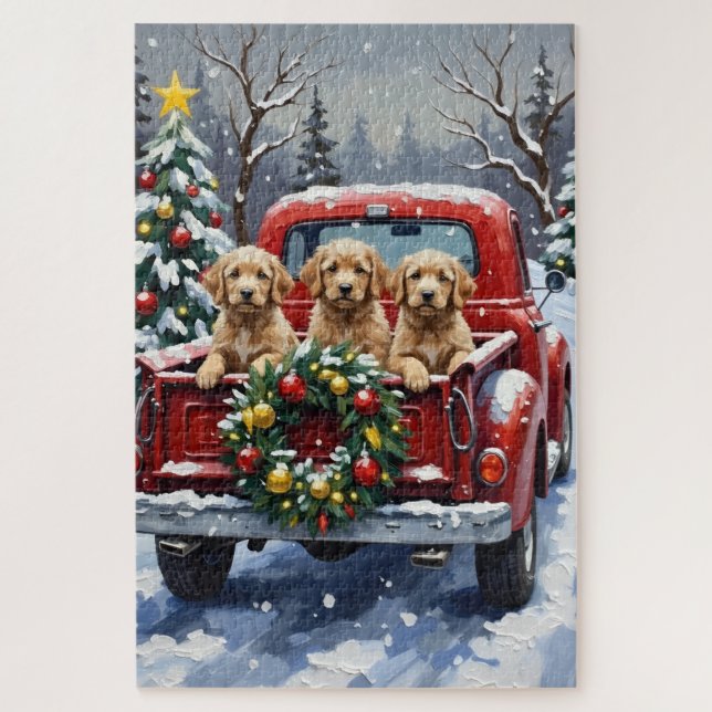 Cockapoo Christmas Red Truck Holiday Jigsaw Puzzle (Vertical)