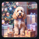 Cockapoo Christmas Square Sticker<br><div class="desc">Celebrate the festive season with these heartwarming Christmas stickers featuring a Cockapoo sitting amongst Christmas gifts with a decorated Christmas tree in the background. Complete with the message "Merry Christmas", these Cockapoo Christmas stickers are sure to add seasonal cheer to any item. The Cockapoo Christmas stickers are perfect for dog...</div>