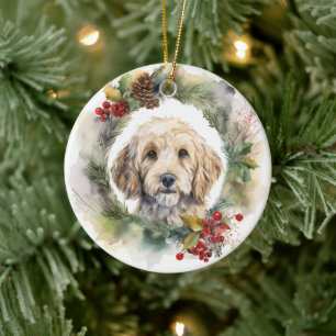 Cockapoo Christmas Wreath Festive Pup Ceramic Ornament
