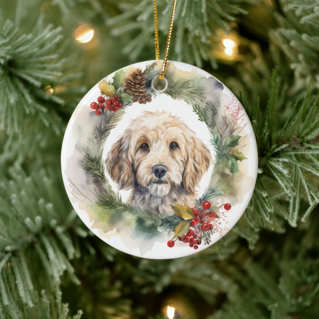 Cockapoo Christmas Wreath Festive Pup  Ceramic Ornament (Tree)