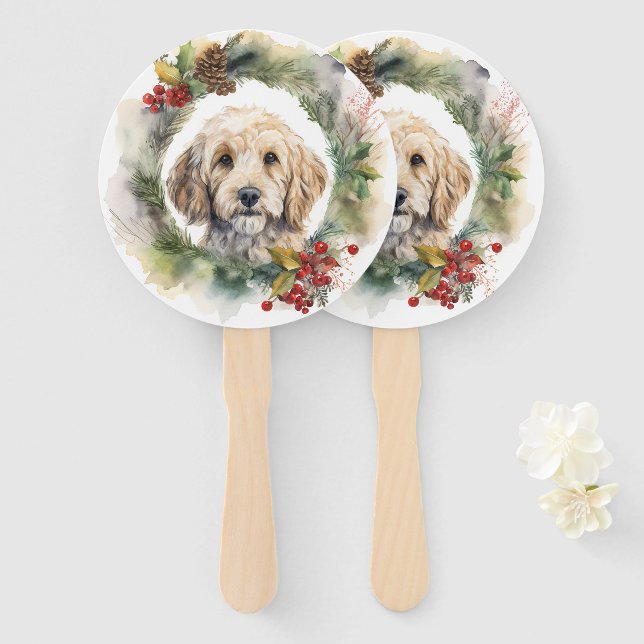 Cockapoo Christmas Wreath Festive Pup  Hand Fan (Front and Back)