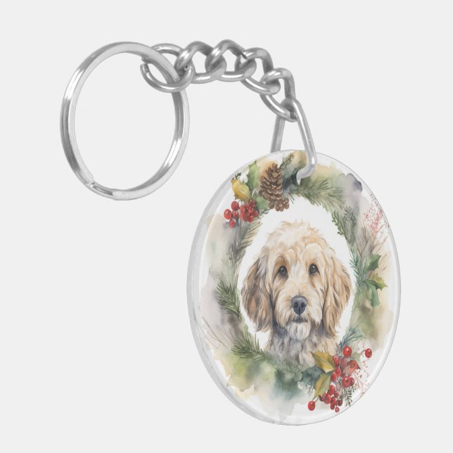 Cockapoo Christmas Wreath Festive Pup  Key Ring (Front Left)