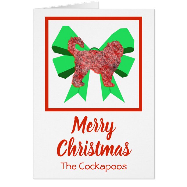 Cockapoo Cute Christmas Dog & Green Bow Card (Front)