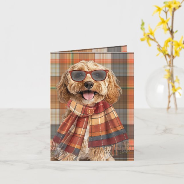 Cockapoo Dog Autumn Plaid Monogrammed Card (Yellow Flower)