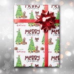 Cockapoo Dog, Bird and Christmas Tree Wrapping Paper<br><div class="desc">The repeated pattern on this cute Christmas wrapping paper is an image of a little brown Cockapoo dog wearing a red and white Santa hat. The dog sits among brightly wrapped gift packages beside a decorated Christmas tree. A bullfinch bird is landing on the tree behind it. Stylised red and...</div>