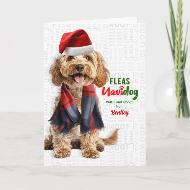Cockapoo Dog Breed Funny Fleas Navidog with Name Holiday Card (Front)