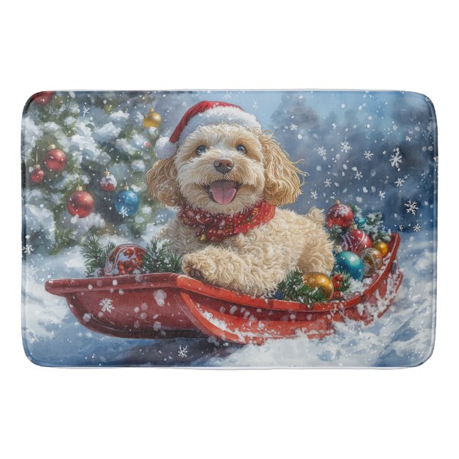 Cockapoo Dog in Sledge Let it Snow Christmas Bath Mat (Front)
