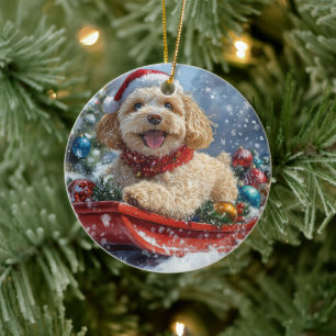 Cockapoo Dog in Sledge Let it Snow Christmas Ceramic Ornament