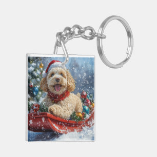 Cockapoo Dog in Sledge Let it Snow Christmas Key Ring